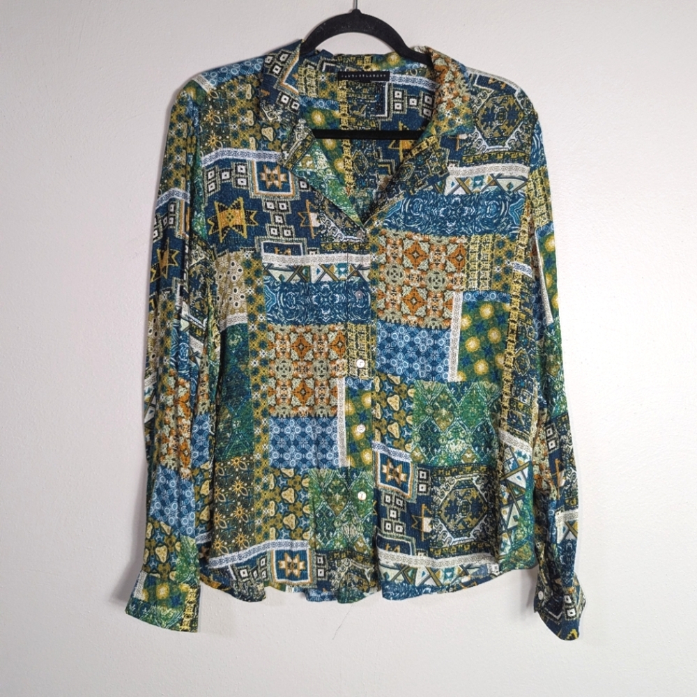 L Jane + Delancey Colorful Green Patchwork Boho Button Front Top